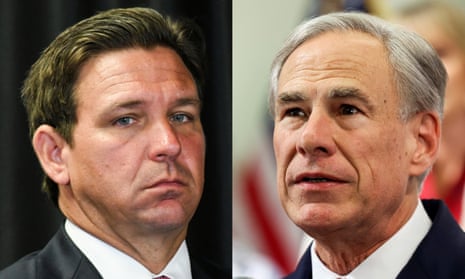 A side-by-side image of Ron DeSantis and Greg Abbott