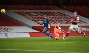Theo Walcott and Arsenal’s Bernd Leno and Kieran Tierney watch the ball head towards the net for Southampton’s goal