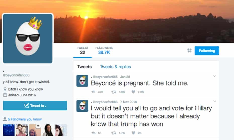 Screengrab of the account @beyoncefan666 who seemed to predict Beyoncé’s baby news as well as Trump and Brexit