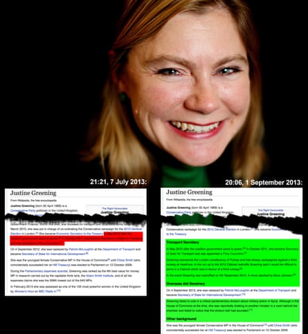 Justine Greening’s Wikipedia page edits.
