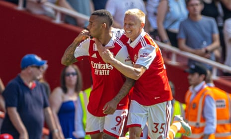 Arsenal's Gabriel Jesus celebrates with Oleksandr Zinchenko after scoring against Leicester