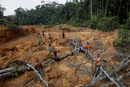 Indigenous people from the Mura tribe in a deforested area inside the Amazon rainforest near Humaita