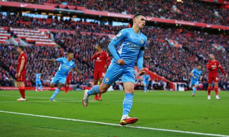 Phil Foden celebrates after making it 1-1, in the Premier League match between Manchester City and Liverpool at Anfield.