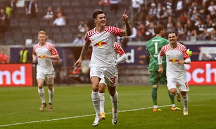 Benjamin Sesko celebrates a goal for RB Leipzig