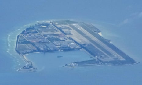 Chinese structures and buildings at the man-made island on Mischief Reef at the Spratlys group of islands in the South China Sea. China has fully militarized at least three of several islands it built in the disputed region.