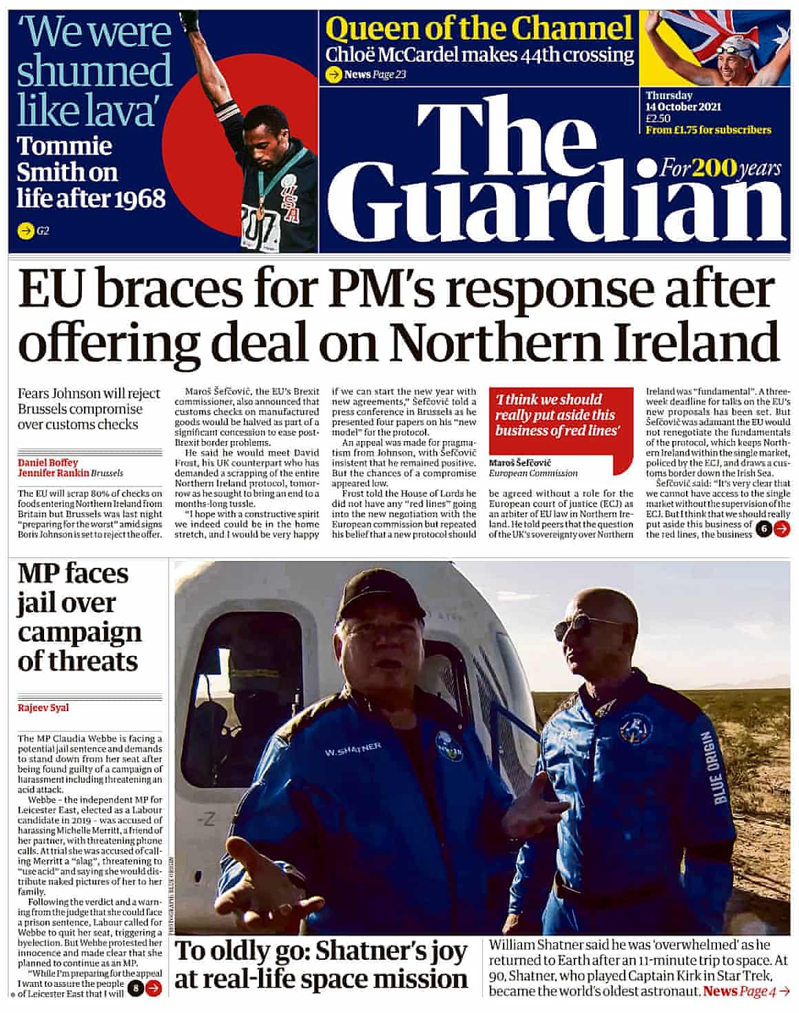 Guardian front page, 14 October 2021