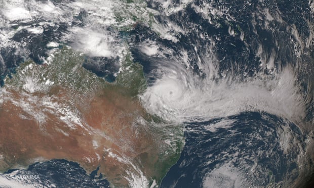 A satellite image of the destructive category 5 Cyclone Debbie approaching northern Australia