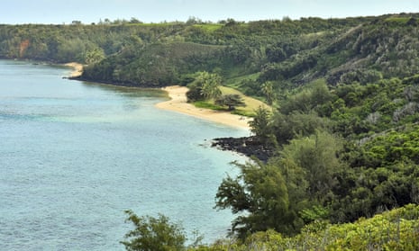 The public Pilaa Beach, center, below hillside and ridgetop land owned by the Facebook CEO, Mark Zuckerberg, near Kilauea on the north shore of Kauai in Hawaii.