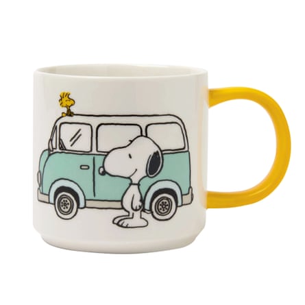 White mug with picture of Snoopy, Woodstock and blue camper van