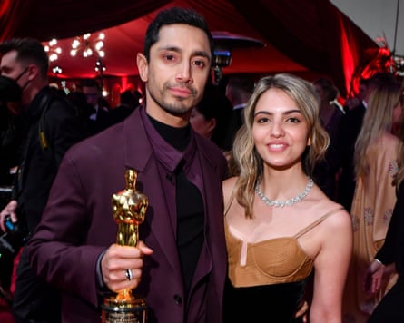 With his wife Fatima Farheen Mirza after he won an Oscar for The Long Goodbye, the sobering short film he made with Aneil Karia.