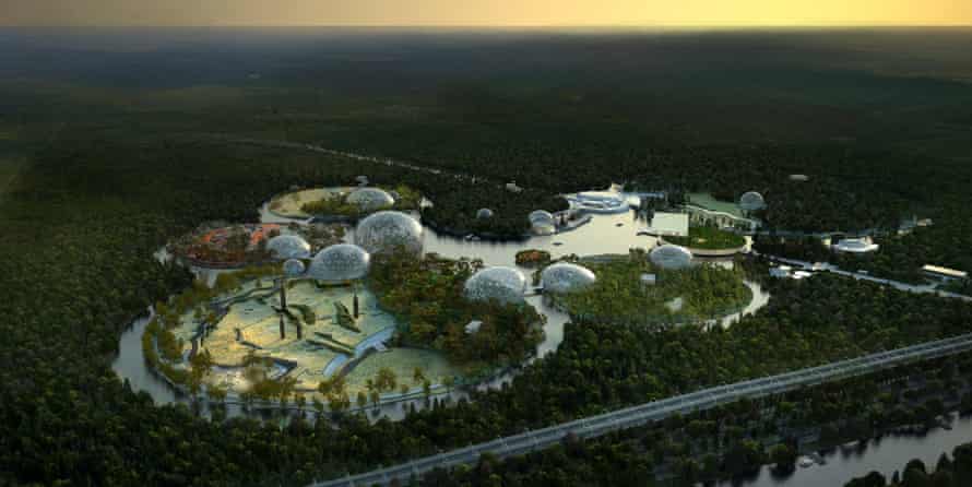 A rendering of a zoo proposed for St Petersburg … a series of islands surrounded by water and dotted with biospheres.