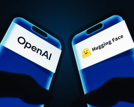 Hands hold smartphones displaying the logos of OpenAI and Hugging Face.
