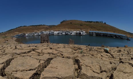 Dried mud and the remnants of a marina at the New Melones Lake, site of a severe drought in California.