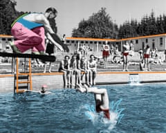 Kindness of strangers illustration. The image shows a young girl diving into a busy public pool.