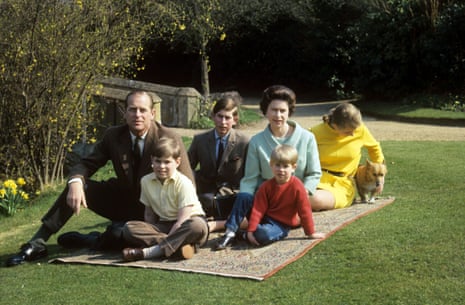 From left, Prince Philip, Andrew, Charles, the Queen, Prince Edward and Princess Anne at Windsor.
