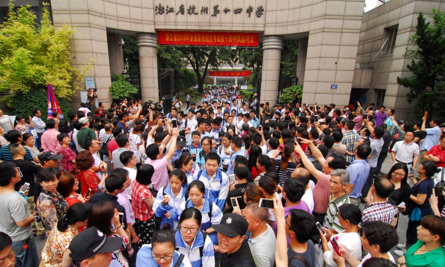 Students leaving a gaokao college entrance exam in Hangzhou, China