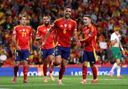 Mikel Merino celebrates after scoring for Spain against Bulgaria