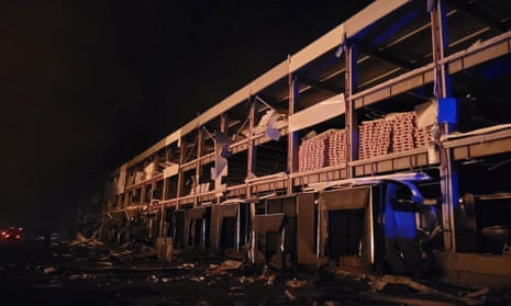 The aftermath of a Russian missile strike on a warehouse in Odesa.