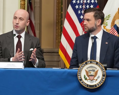 Vice President JD Vance listens as White House Deputy Chief of Staff for Policy Stephen Miller speaks in the Eisenhower Executive Office Building at the White House complex, Tuesday, May 26, 2026, in Washington. (AP Photo/Mark Schiefelbein)