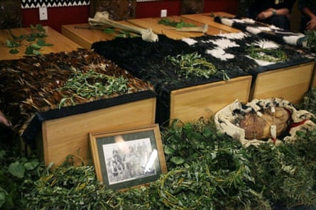 Boxes containing the remains of Māori stolen by European settlers in New Zealand. Members of the Rangitāne o Wairau tribe carried out a repatriation ceremony