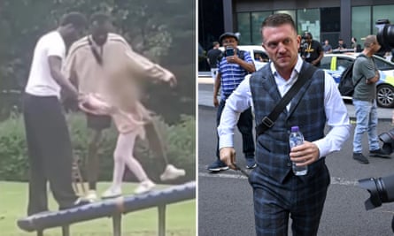 Composite image of a video still of two men and a child in park, and Tommy Robinson