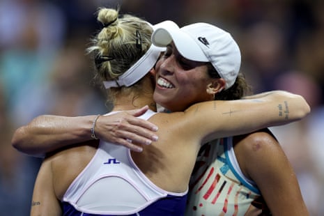 Madison Keys, right, embraces Marketa Vondrousova after their US Open quarter-final match.