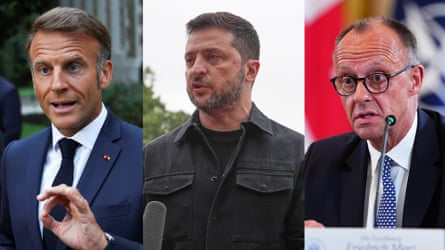Emmanuel Macron, Volodymyr Zelenskyy, and and Friedrich Merz in a composite of head and shoulders photographs.