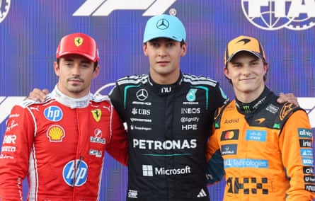 George Russell, Charles Leclerc and Oscar Piastri pose after qualifying