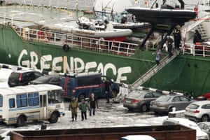 Peter Willcox and others leaving the Arctic Sunrise in Murmansk after its seizure by Russian authorities.