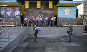 Deceuninck Quick-Step’s team attend the team presentation for the seventh stage of Paris-Nice - no fans were permitted due to measures to stop the spread of coronavirus.