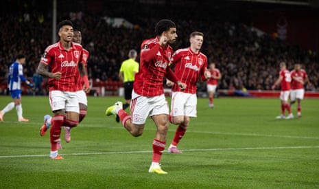 Morgan Gibbs-White pointedly holds a finger to his ear as he wheels away after scoring Nottingham Forest’s opener from the penalty spot.