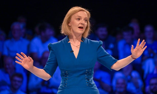 Liz Truss speaks during a Tory leadership hustings event in Exeter on Monday evening where she vowed to cut civil service salaries and reduce expenditure