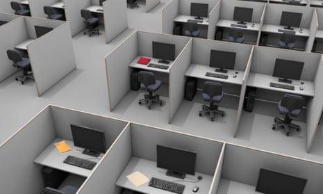An aerial view of office cubicles.