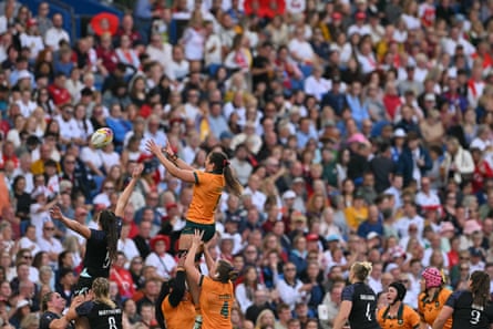 England’s lock Abbie Ward and Australia’s lock Michaela Leonard compete for lineout ball.