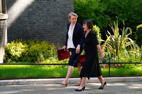 Yvette Cooper (left), the home secretary, and Jo Stevens, the Welsh secretary, arriving in Dowing Street for cabinet this morning.