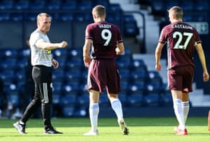 Leicester City manager Brendan Rodgers congratulates Vardy after the final whistle.