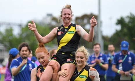 Richmond’s Courtney Wakefield is chaired off after the Tigers’ defeat by North Melbourne Kangaroos in the AFLW semi-final.