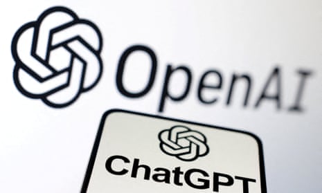 OpenAI and ChatGPT logos, former in background and latter on a phone.