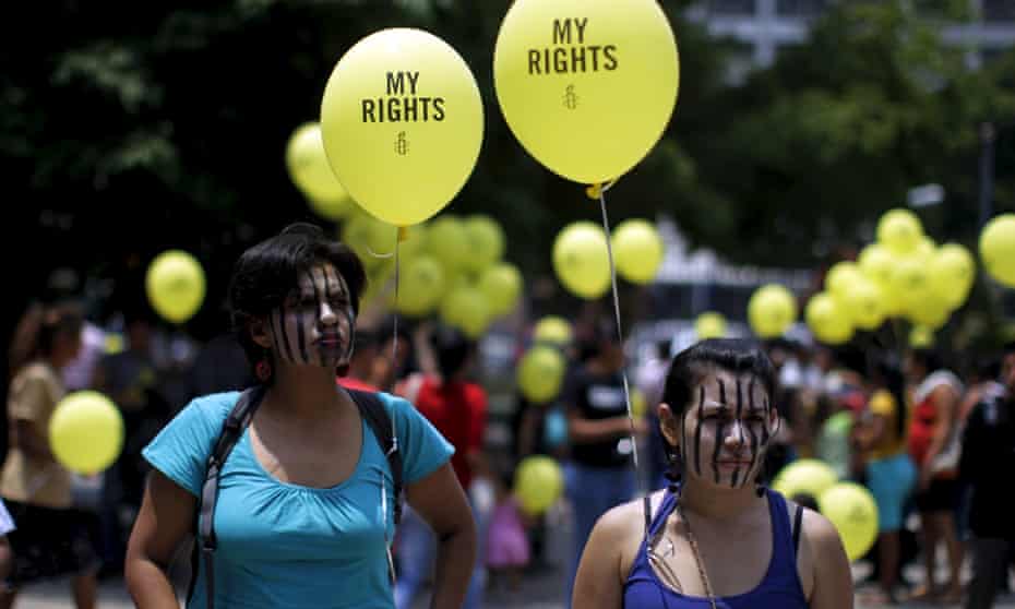 Salvadoran women take part in a demonstration against anti-abortion laws at the congress in San Salvador in April 2015