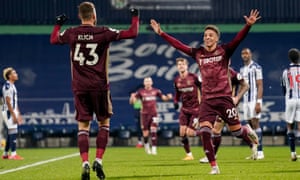 Rodrigo celebrates Leeds’ fourth goal, in the 40th minute, in their comfortable victory over West Brom.