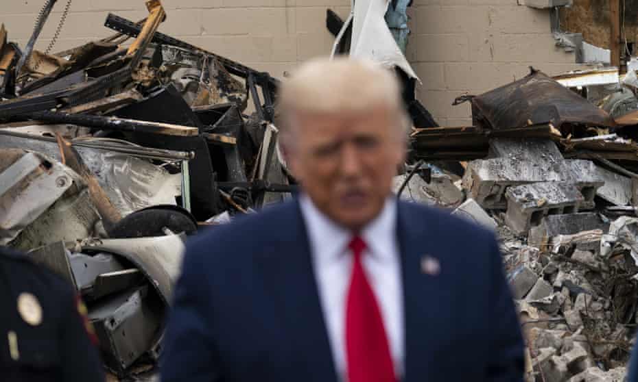 Donald Trump touring an area damaged during demonstrations following the shooting of Jacob Blake in Kenosha, Wisconsin, September 2020
