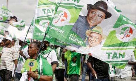 Supporters of Nigeria President Goodluck Jonathan attend an election campaign rally at the National stadium in Lagos, Nigeria, Tuesday, March. 24, 2015. Nigeria goes to the polls Saturday to elect a new President. (AP Photo/Sunday Alamba)
