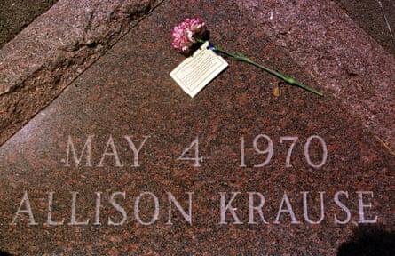 A plaque marks the spot where Kent State University student, Allison Krause, was felled by a bullet from the Ohio national guard on 4 May 1970 during a demonstration protesting the war in Vietnam.