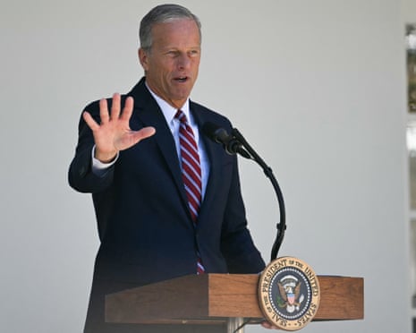 Senate majority leader John Thune speaks during a lunch in the Rose Garden of the White House.
