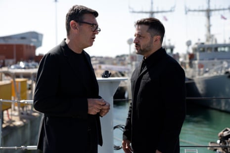 Andy Burnham and Volodymyr Zelensky talking at HM Naval Base Portsmouth last month. Burnham’s visit to Kyiv on Monday is his first as prime minister.