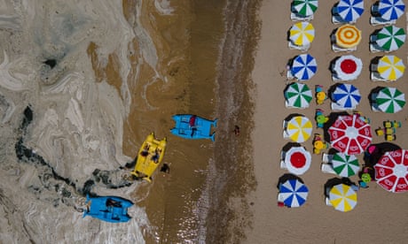 Pedalos on the banks of the Marmara Sea covered with sea snot, a jelly-like layer of slime, in Kocaeli, Turkey