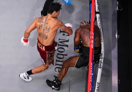 Ryan Garcia lands a punch on Conor Benn during their WBC welterweight title fight.