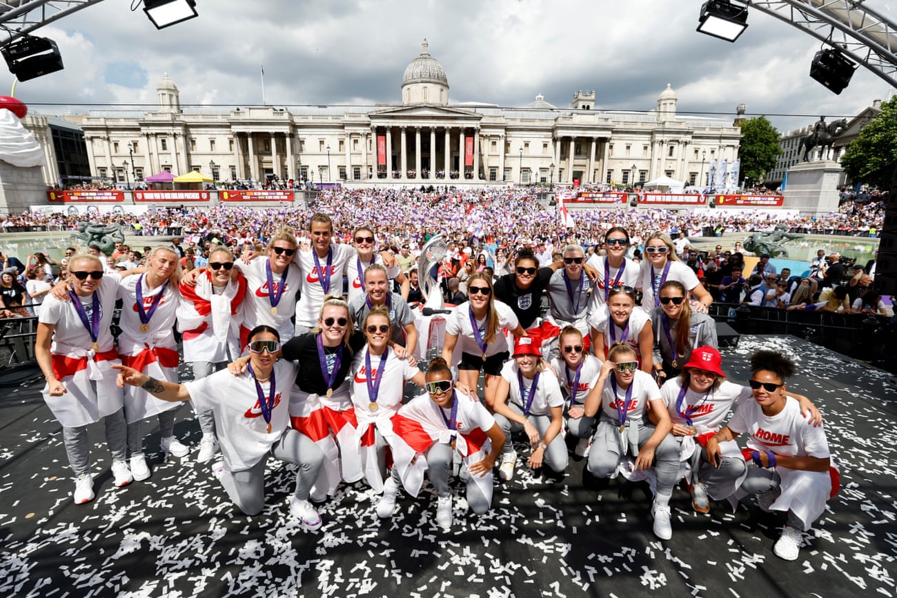 The England squad pose for a photo during the England Women’s Team Celebration at Trafalgar Square the day after their triumph.