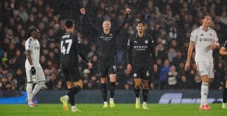 Erling Haaland celebrates after scoring Manchester City’s first goal.