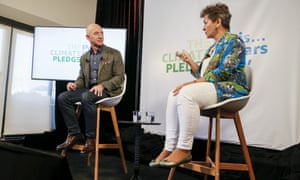 Amazon CEO Jeff Bezos and Christiana Figueres, the UN’s former climate change chief, at the event in Washington earlier today.